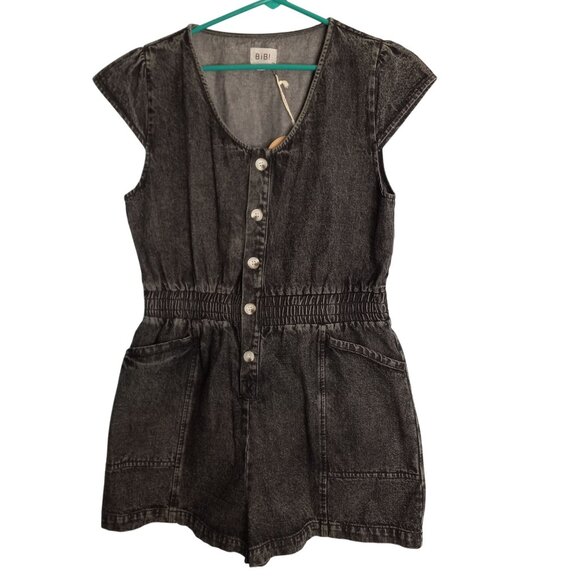 Bibi Size L Romper Black Denim Jean Button-Up Pockets Smocked Waist NEW - Picture 1 of 6
